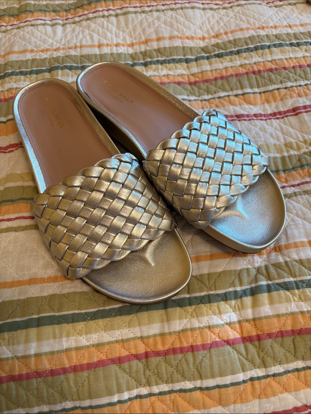 Cole Haan Metallic Braided Slide Sandals Gold leather 8